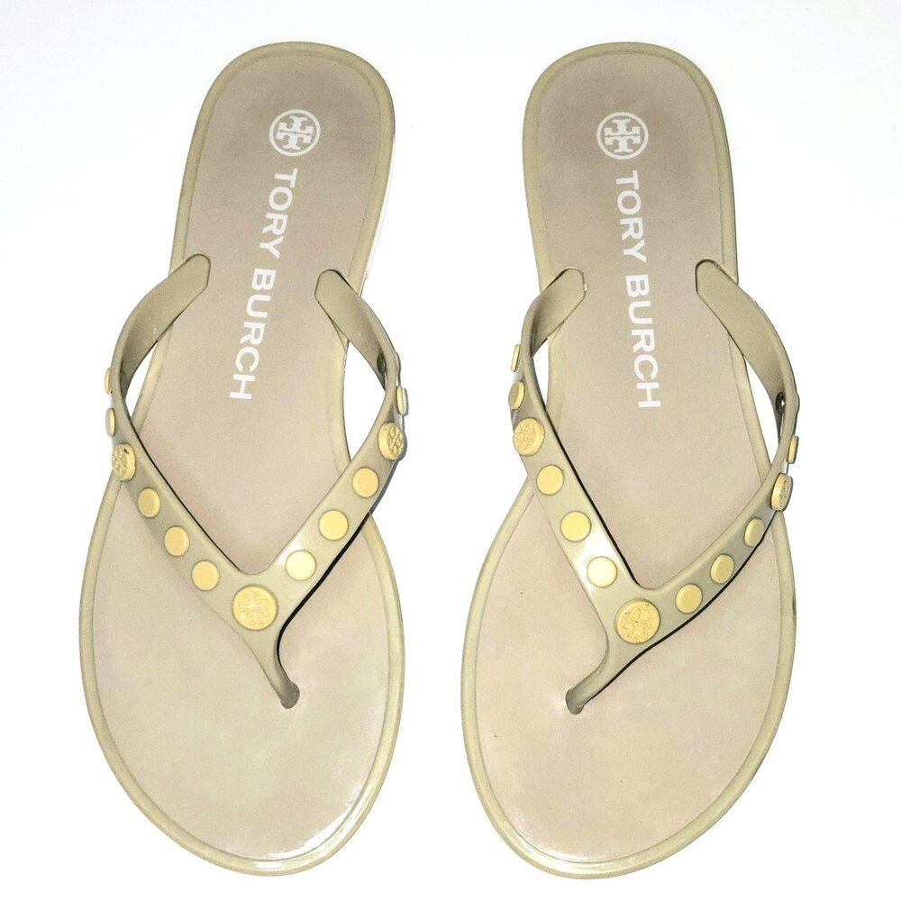 TORY BURCH Sandals Studded Jelly Thong Beige Sand Color & Logo Women 7 US (37EU)
